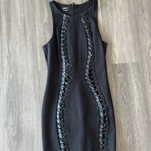 Bebe Black Dress Medium – Faux Leather Strap Detail, Knee-Length